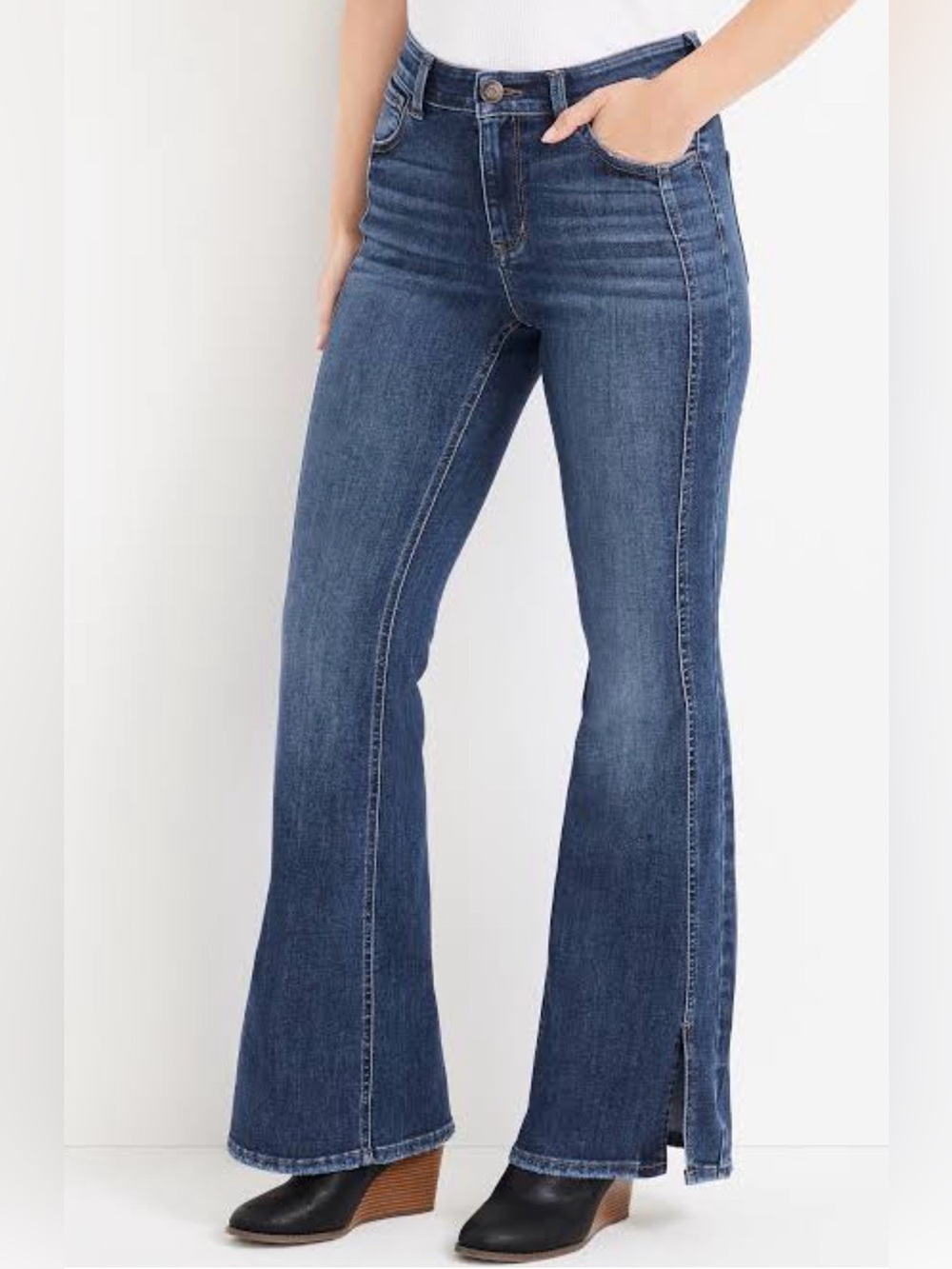 Maurices Mid-Rise Dark Blue Flare Jeans with Side Slit